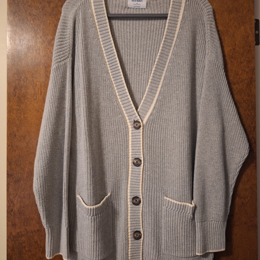 Old Navy Gray Cardigan Sweater with Cream Trim